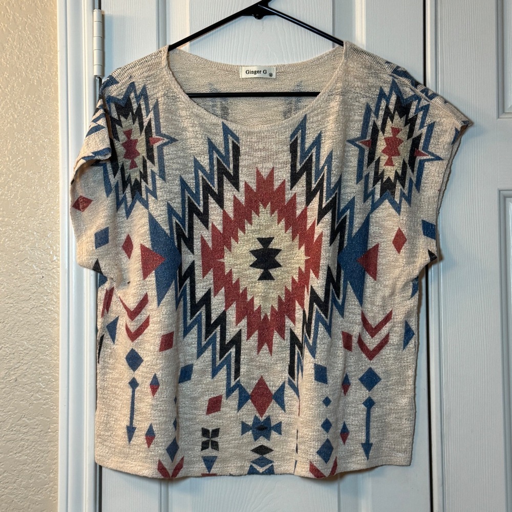 Ginger G Aztec Southwestern Crop Top Women's Sz M Beige Geometric Knit USA Made